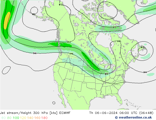 Jet stream/Height 300 hPa ECMWF Čt 06.06.2024 06 UTC