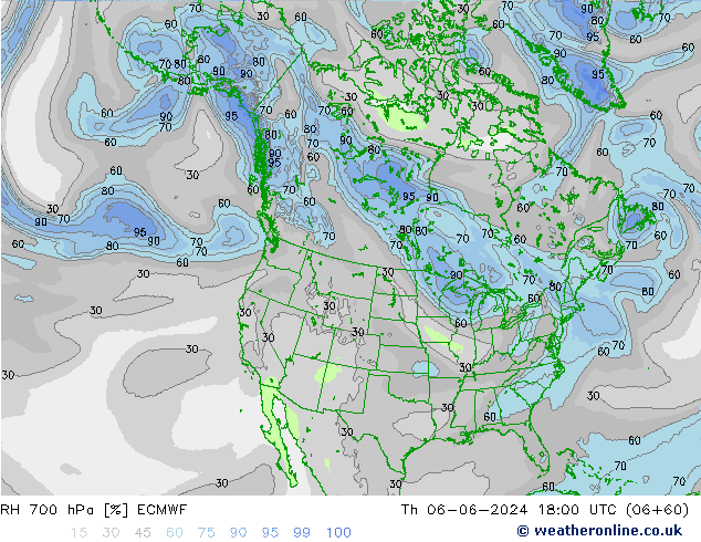 RH 700 hPa ECMWF Qui 06.06.2024 18 UTC