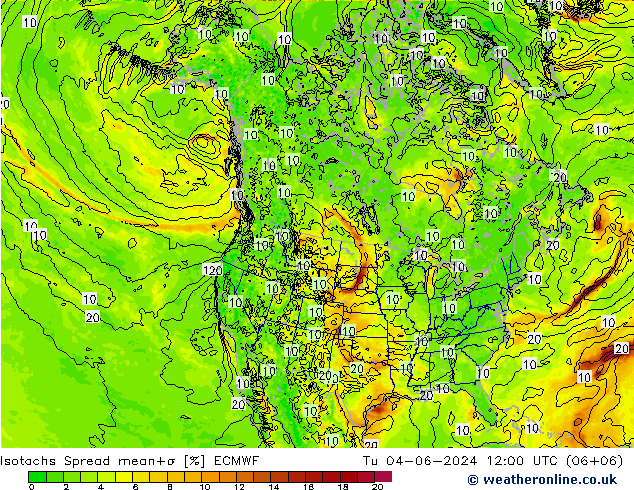 Isotachs Spread ECMWF Tu 04.06.2024 12 UTC