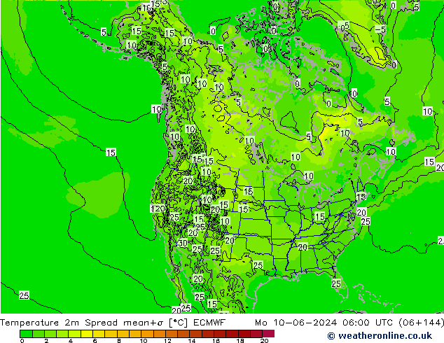 température 2m Spread ECMWF lun 10.06.2024 06 UTC