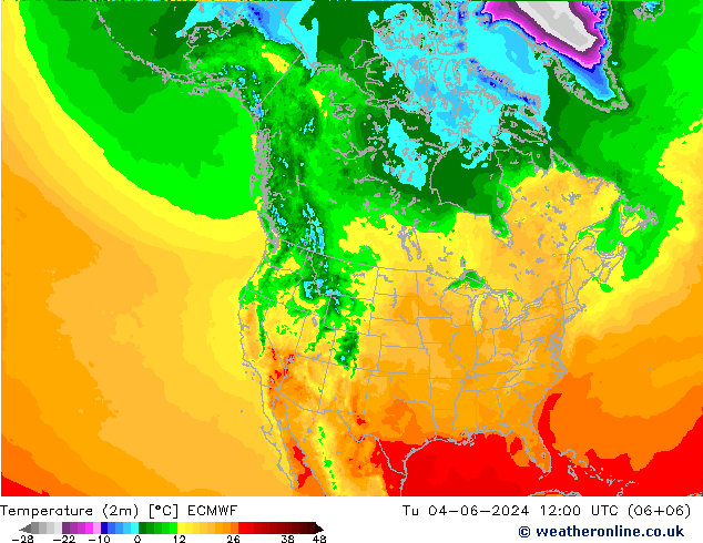 Temperatuurkaart (2m) ECMWF di 04.06.2024 12 UTC