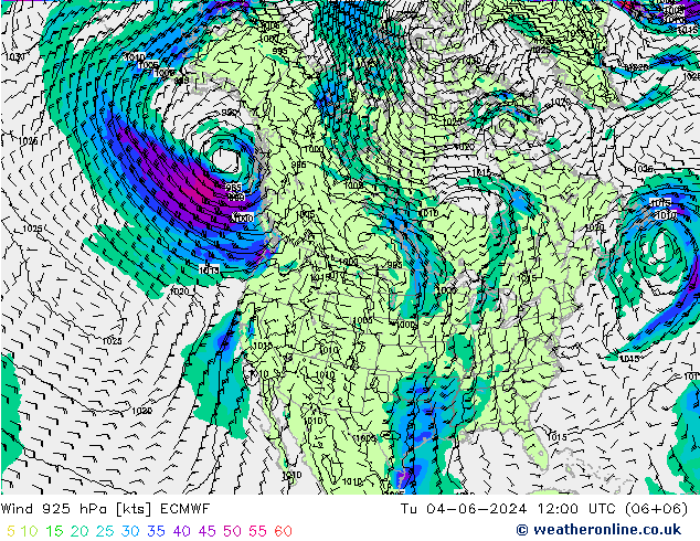 Wind 925 hPa ECMWF Tu 04.06.2024 12 UTC