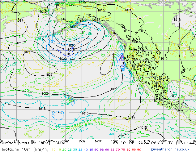 Isotachs (kph) ECMWF Po 10.06.2024 06 UTC