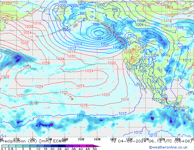 Totale neerslag (6h) ECMWF di 04.06.2024 12 UTC