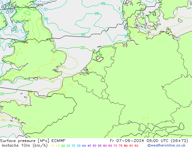Isotachs (kph) ECMWF  07.06.2024 06 UTC