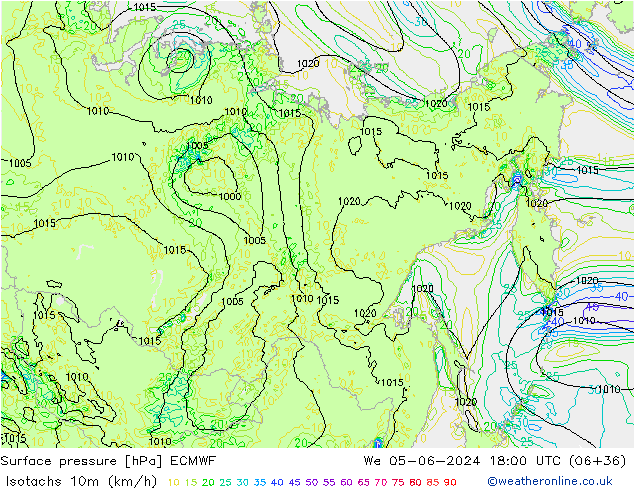 Isotachs (kph) ECMWF  05.06.2024 18 UTC