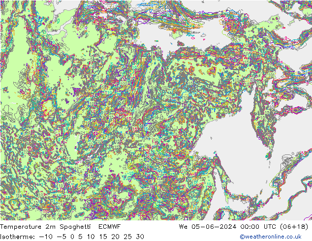 Temperatura 2m Spaghetti ECMWF mié 05.06.2024 00 UTC