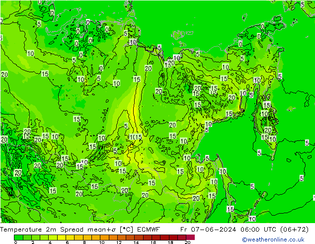 mapa temperatury 2m Spread ECMWF pt. 07.06.2024 06 UTC