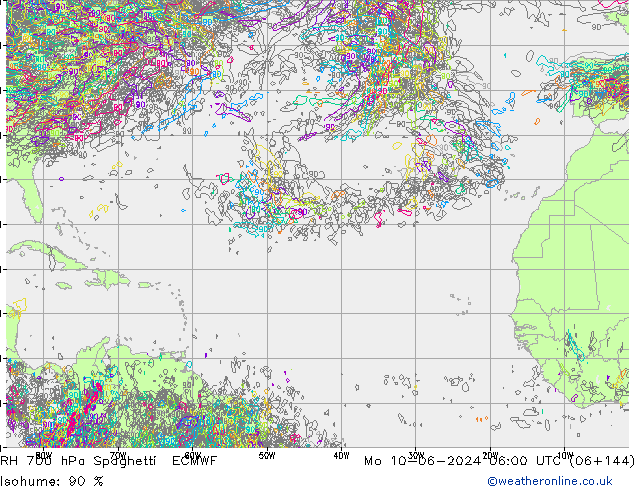 RH 700 гПа Spaghetti ECMWF пн 10.06.2024 06 UTC