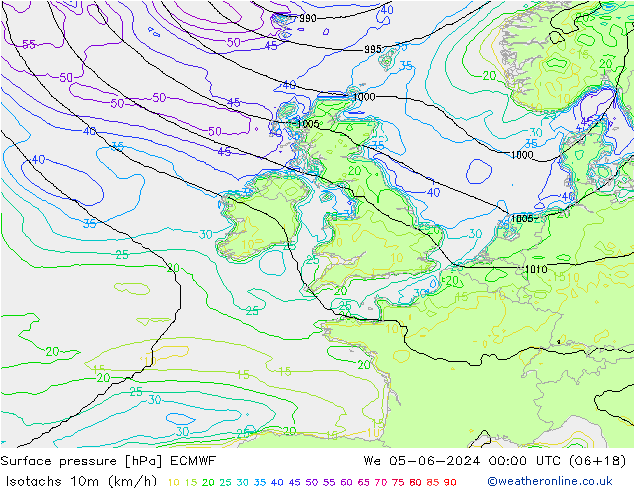 Isotachs (kph) ECMWF mer 05.06.2024 00 UTC