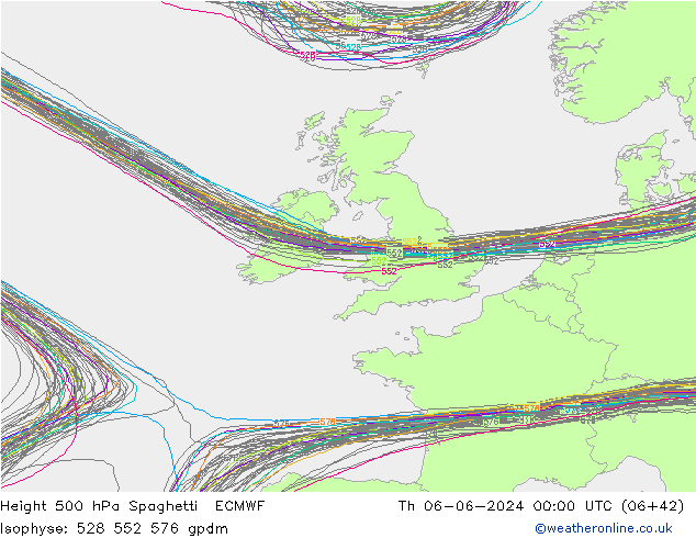 Height 500 hPa Spaghetti ECMWF Th 06.06.2024 00 UTC