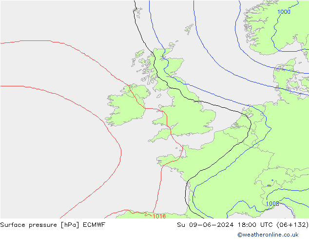 Atmosférický tlak ECMWF Ne 09.06.2024 18 UTC