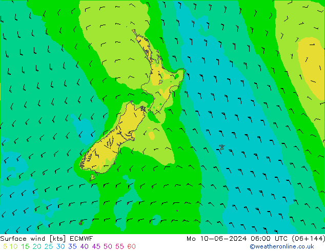 wiatr 10 m ECMWF pon. 10.06.2024 06 UTC