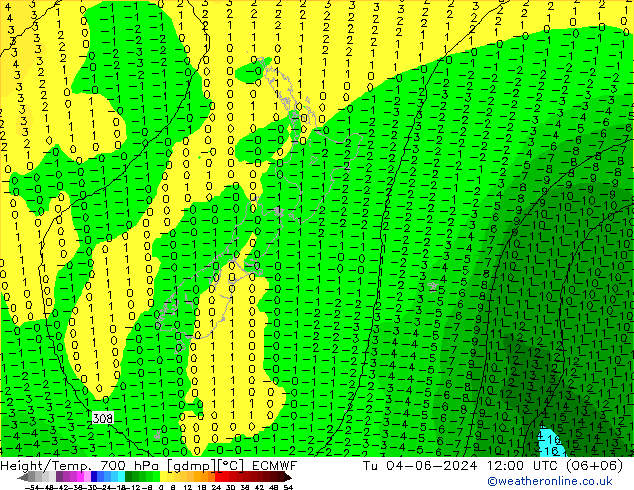 Height/Temp. 700 hPa ECMWF Út 04.06.2024 12 UTC