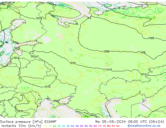 Isotachen (km/h) ECMWF Mi 05.06.2024 06 UTC