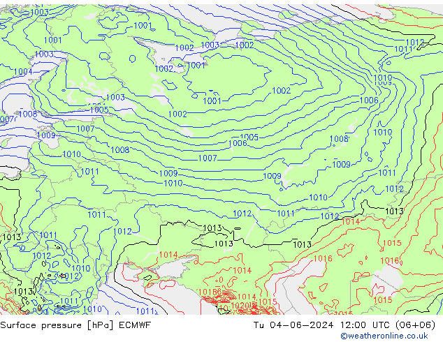 Surface pressure ECMWF Tu 04.06.2024 12 UTC