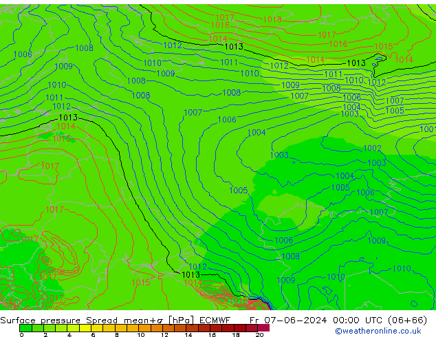 Luchtdruk op zeeniveau Spread ECMWF vr 07.06.2024 00 UTC