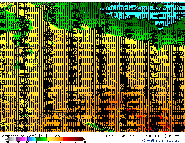 Temperatuurkaart (2m) ECMWF vr 07.06.2024 00 UTC