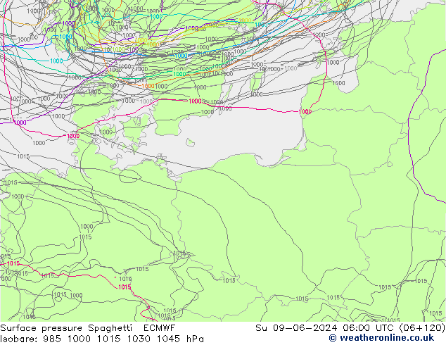 Surface pressure Spaghetti ECMWF Su 09.06.2024 06 UTC