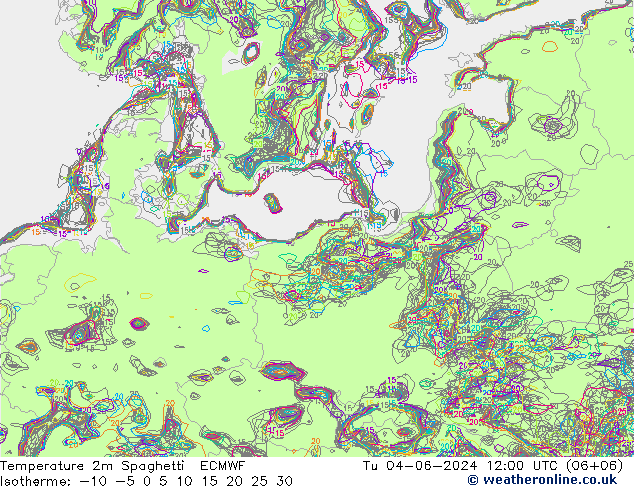 Temperature 2m Spaghetti ECMWF Út 04.06.2024 12 UTC