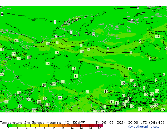 Temperatura 2m Spread ECMWF gio 06.06.2024 00 UTC