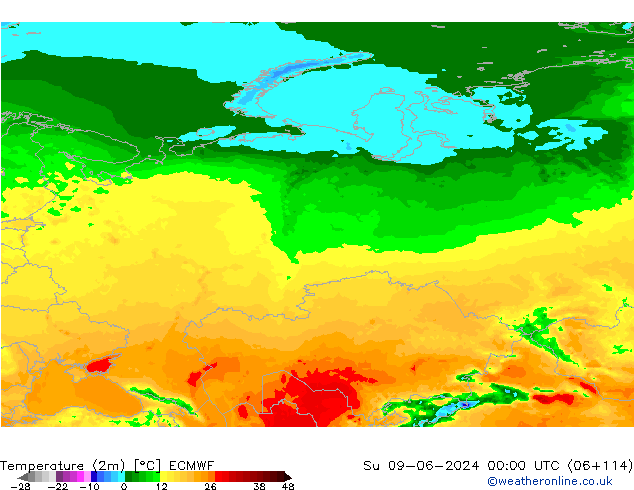 Temperatuurkaart (2m) ECMWF zo 09.06.2024 00 UTC