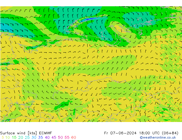 Surface wind ECMWF Pá 07.06.2024 18 UTC