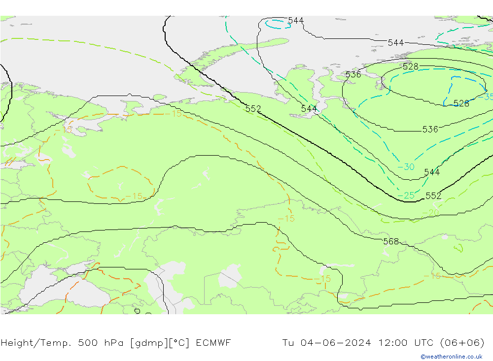 Height/Temp. 500 hPa ECMWF Tu 04.06.2024 12 UTC