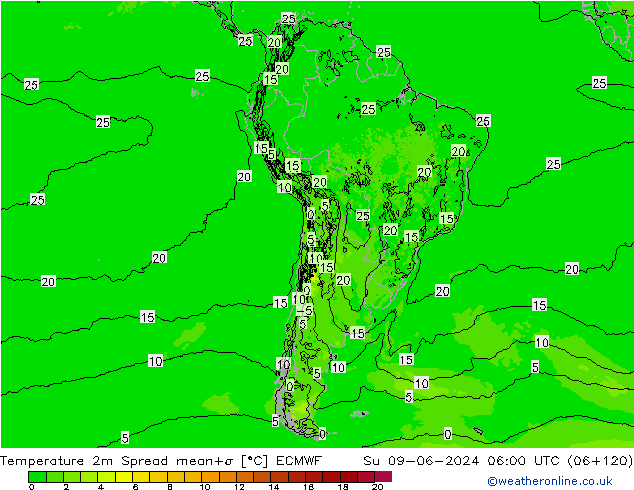 mapa temperatury 2m Spread ECMWF nie. 09.06.2024 06 UTC