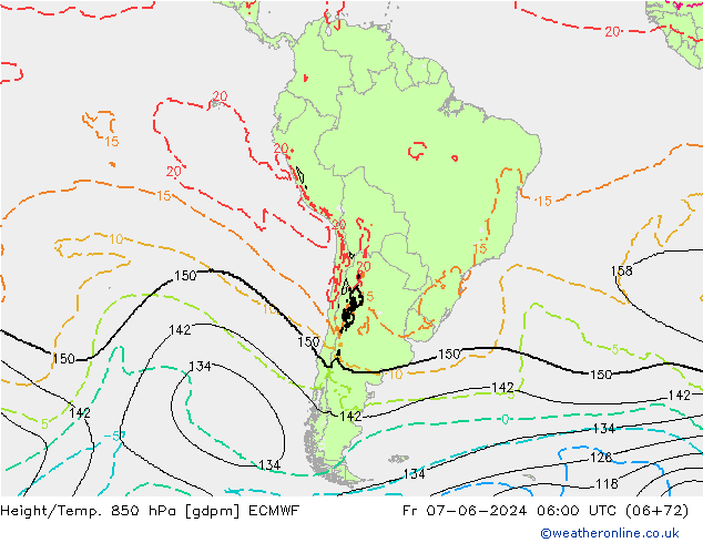 Height/Temp. 850 гПа ECMWF пт 07.06.2024 06 UTC