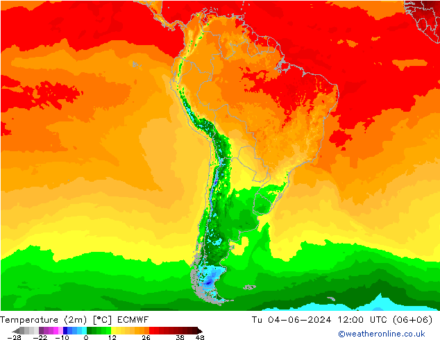 mapa temperatury (2m) ECMWF wto. 04.06.2024 12 UTC