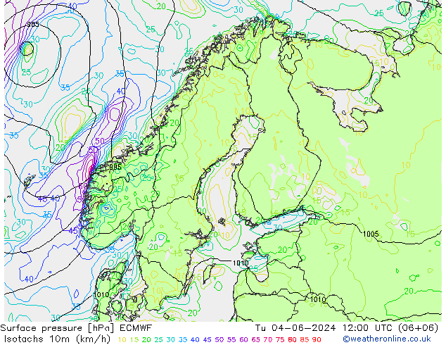 10米等风速线 (kph) ECMWF 星期二 04.06.2024 12 UTC