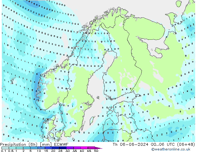 осадки (6h) ECMWF чт 06.06.2024 06 UTC