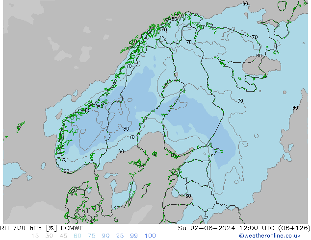 RH 700 гПа ECMWF Вс 09.06.2024 12 UTC