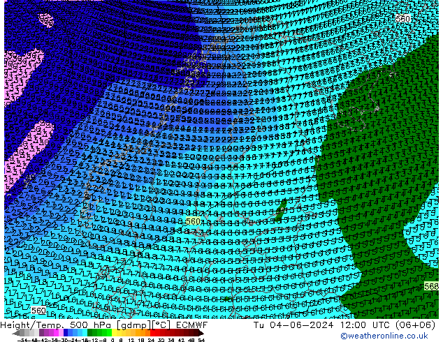 Height/Temp. 500 hPa ECMWF Di 04.06.2024 12 UTC