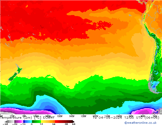 Temperature (2m) ECMWF Tu 04.06.2024 12 UTC