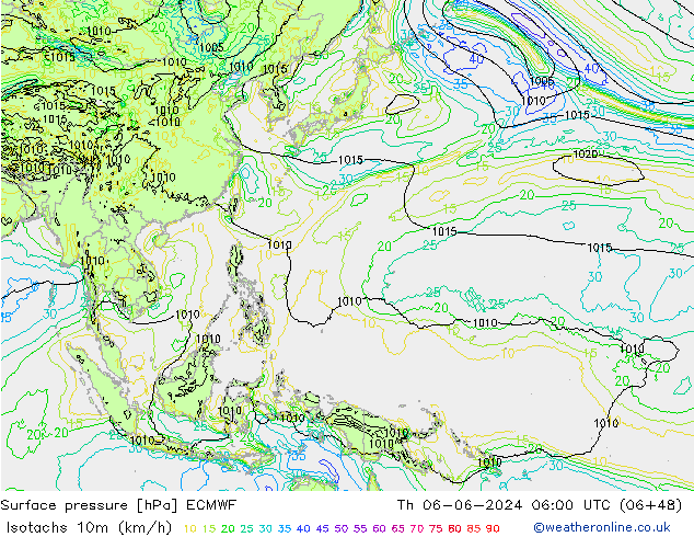 Isotaca (kph) ECMWF jue 06.06.2024 06 UTC