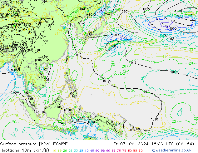 Isotachs (kph) ECMWF ven 07.06.2024 18 UTC