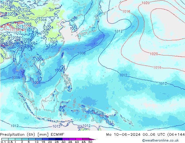 Precipitation (6h) ECMWF Po 10.06.2024 06 UTC