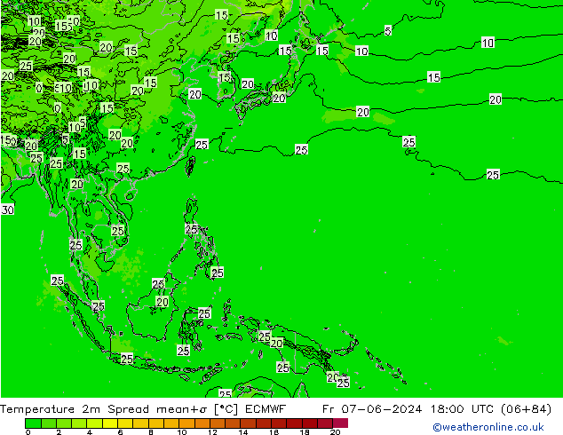 mapa temperatury 2m Spread ECMWF pt. 07.06.2024 18 UTC