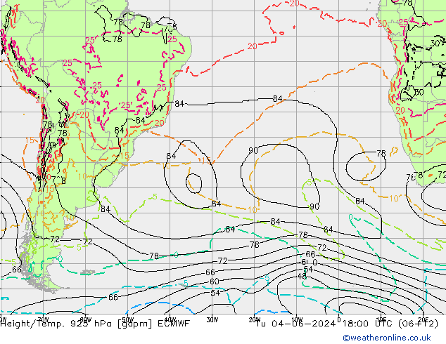 Height/Temp. 925 hPa ECMWF Di 04.06.2024 18 UTC