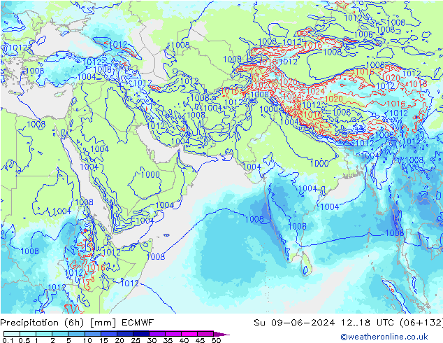 Precipitation (6h) ECMWF Su 09.06.2024 18 UTC