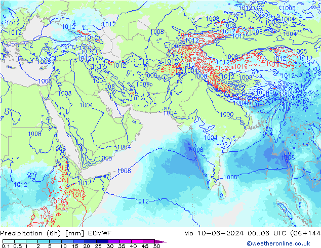 Totale neerslag (6h) ECMWF ma 10.06.2024 06 UTC