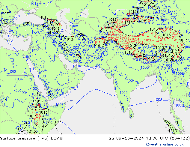 Atmosférický tlak ECMWF Ne 09.06.2024 18 UTC