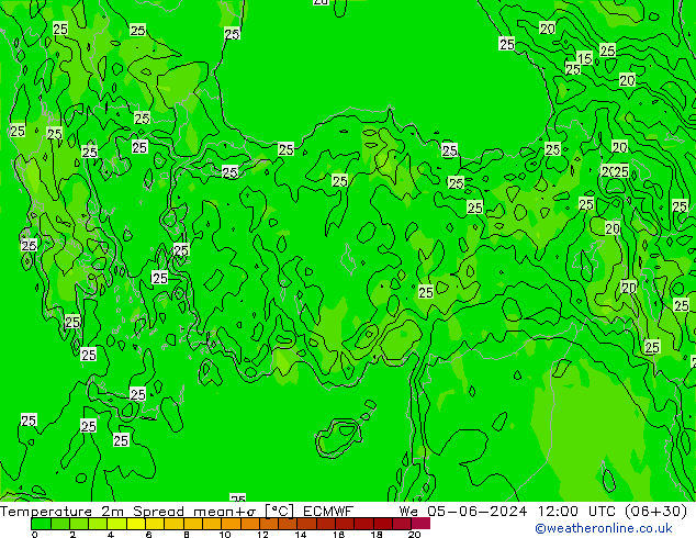 карта температуры Spread ECMWF ср 05.06.2024 12 UTC