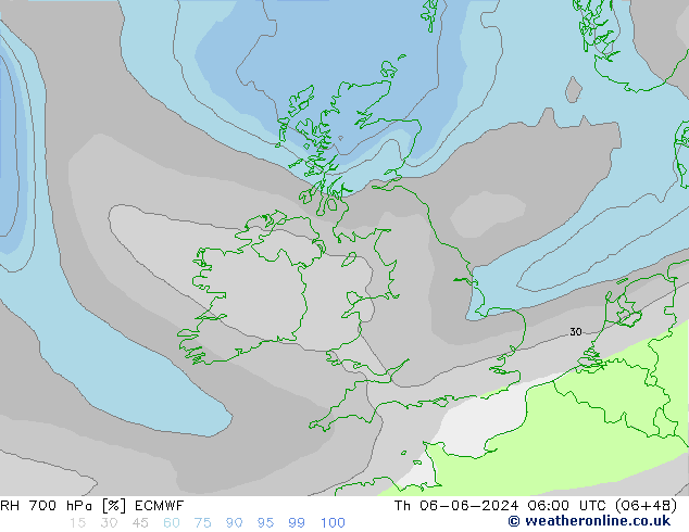 RH 700 hPa ECMWF Th 06.06.2024 06 UTC