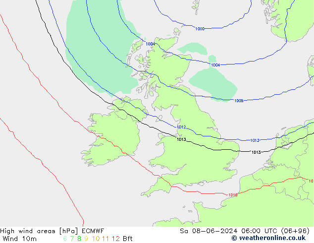 High wind areas ECMWF сб 08.06.2024 06 UTC