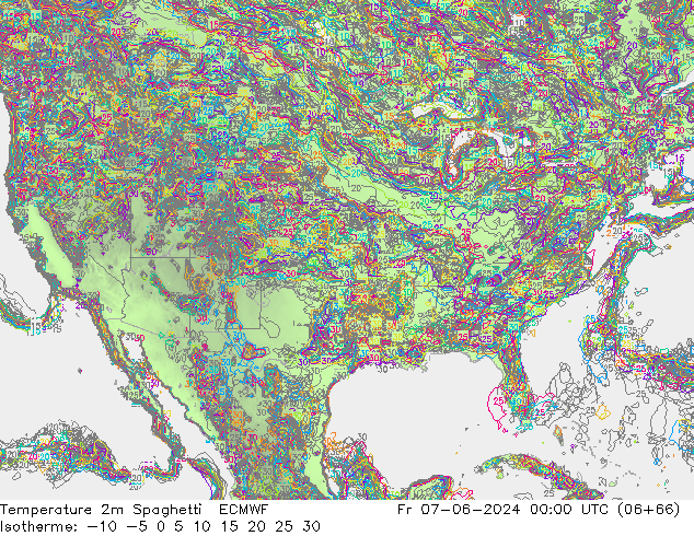 Temperatura 2m Spaghetti ECMWF vie 07.06.2024 00 UTC