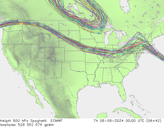 Height 500 hPa Spaghetti ECMWF Th 06.06.2024 00 UTC