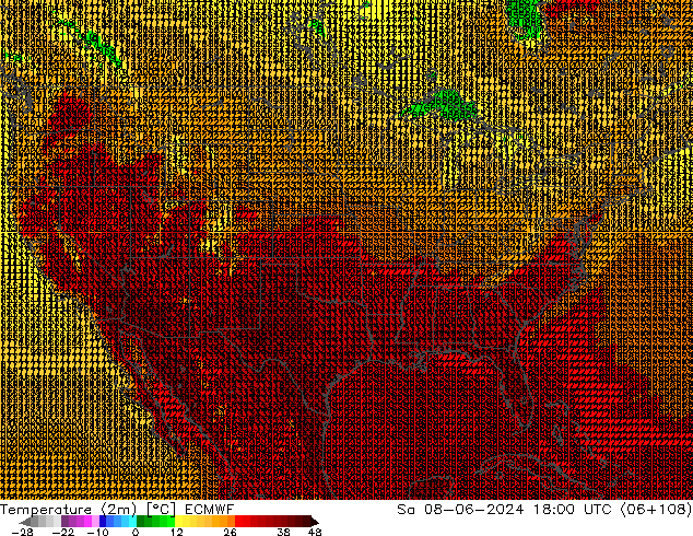 mapa temperatury (2m) ECMWF so. 08.06.2024 18 UTC